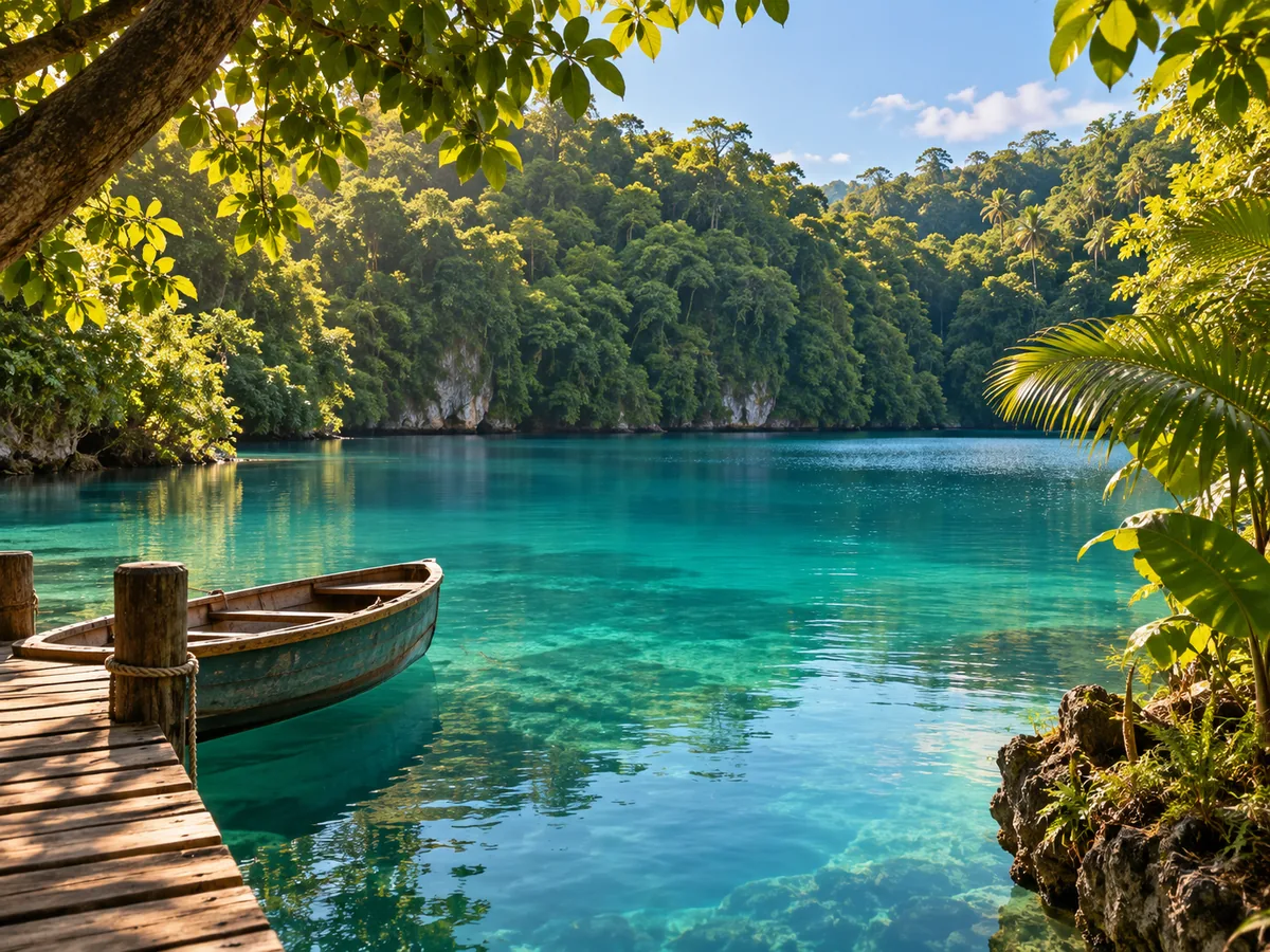 Editorial image inspired by Blue Lagoon, with turquoise water and tropical greenery in Portland, Jamaica