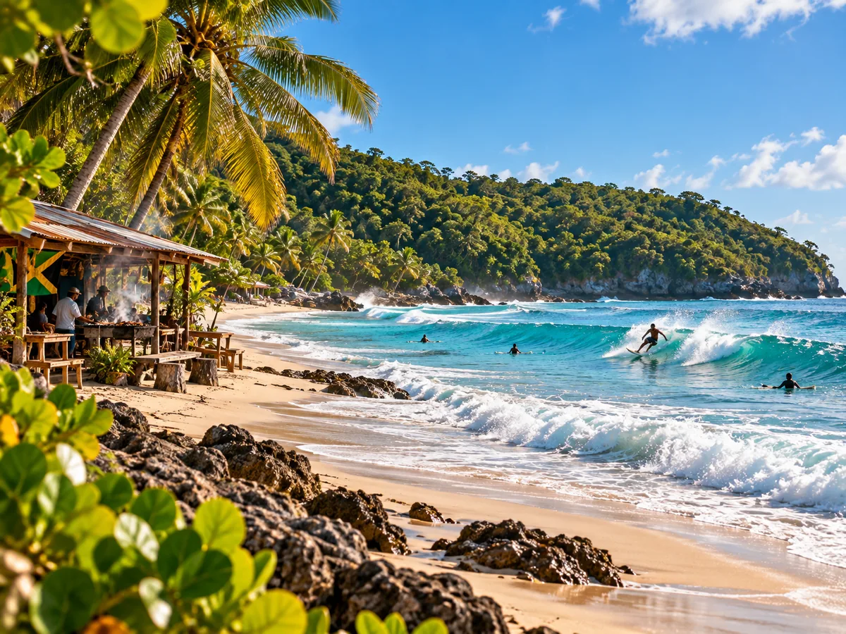 Bright turquoise surf and sandy shoreline at Boston Bay in Portland, Jamaica