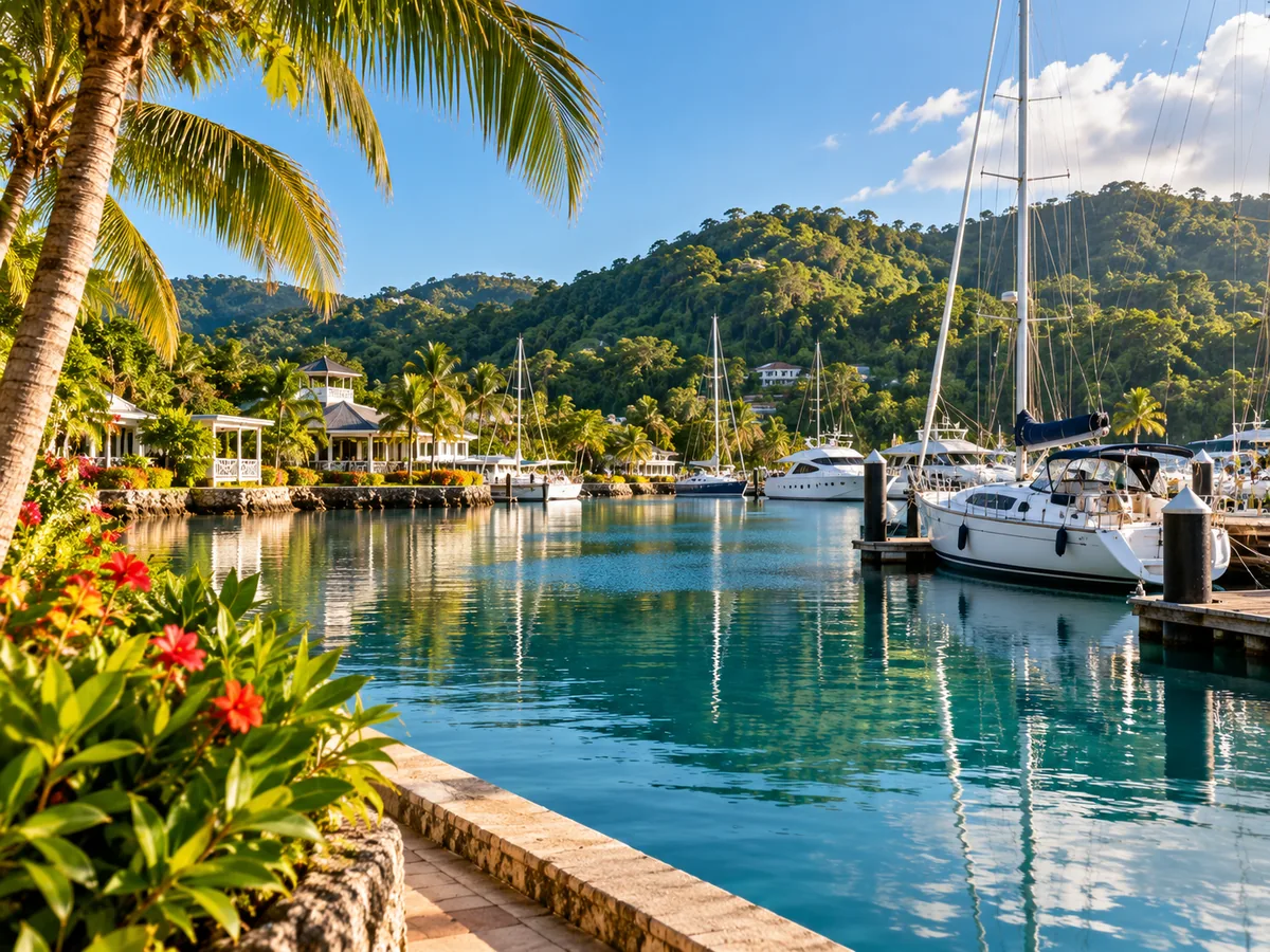 Editorial image inspired by Errol Flynn Marina, with yachts and tropical hills in Port Antonio