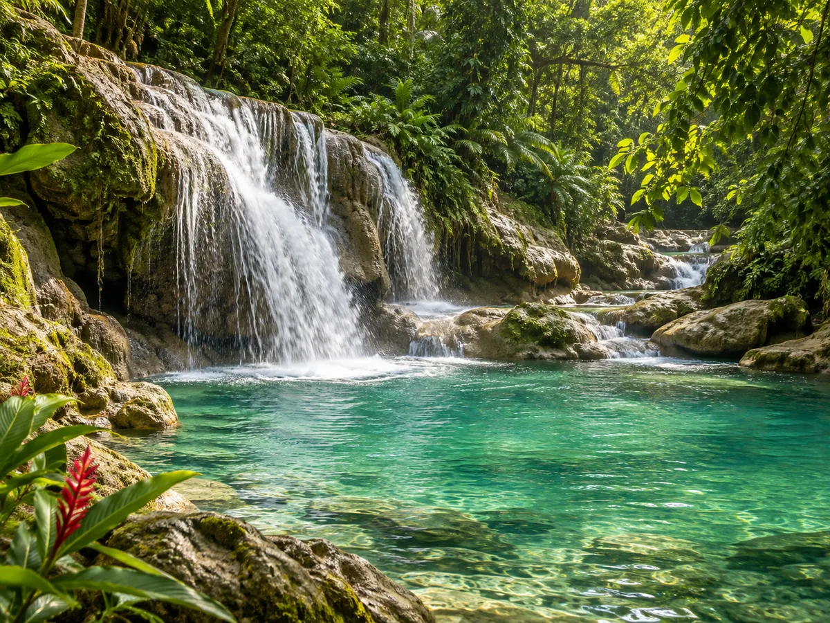 Editorial image inspired by Reach Falls, with tropical cascades and an emerald pool in Portland, Jamaica