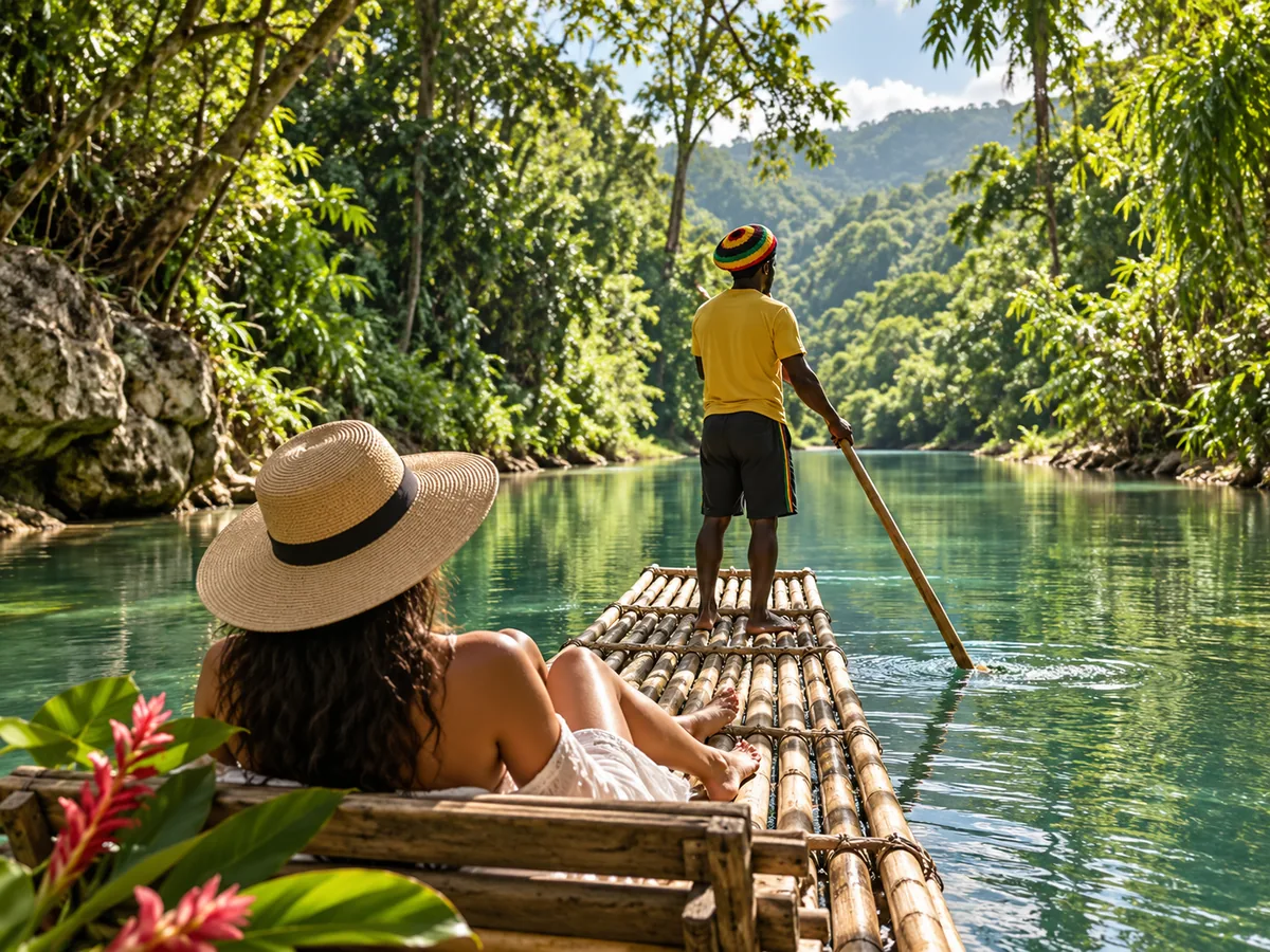 Editorial image inspired by bamboo rafting on the Rio Grande through lush Portland countryside