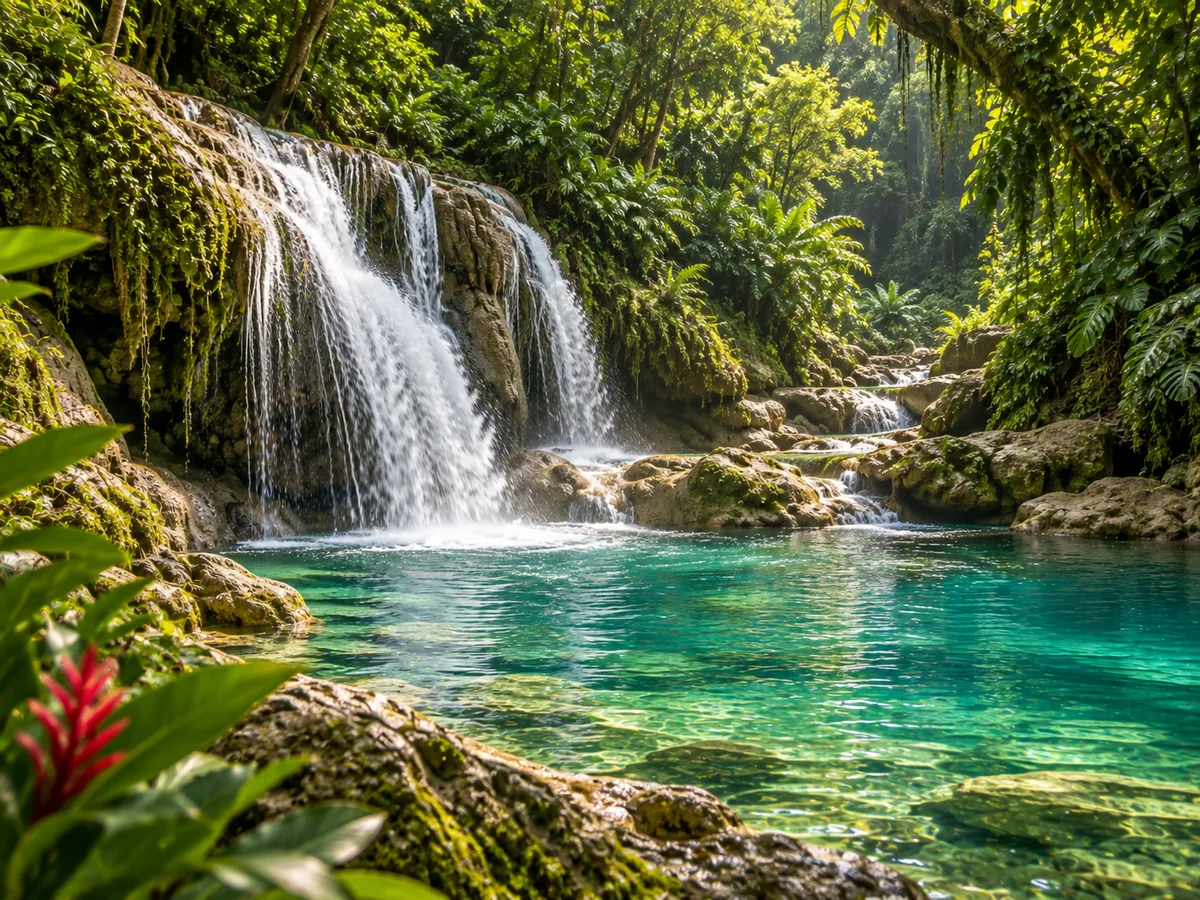Editorial image inspired by Somerset Falls cascading through dense tropical vegetation in Portland